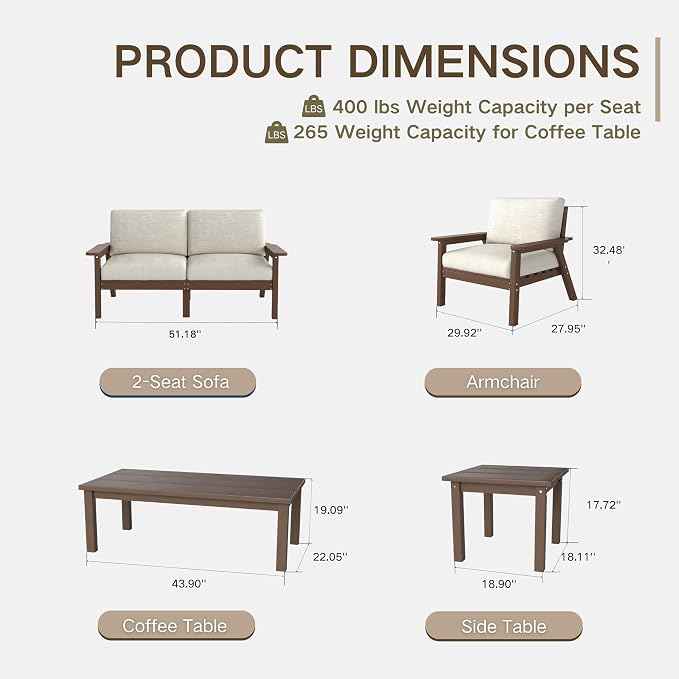Kingdura HDPE Patio Furniture Set, 3 Piece Outdoor Sectional Sofa with Coffee Table, All Weather Outdoor Couch Conversation Set with Washable Cushions for Backyard Poolside Balcony