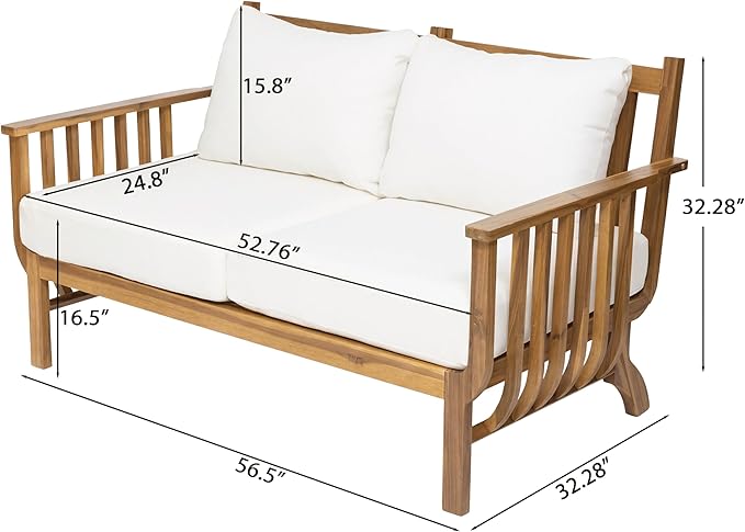 Merax 4-Piece Mid-Century Modern Acacia Wood Patio Seating Set | Outdoor Conversation Set with Loveseat, Club Chairs & Slatted Coffee Table, Weather-Resistant Cushions for Deck Poolside
