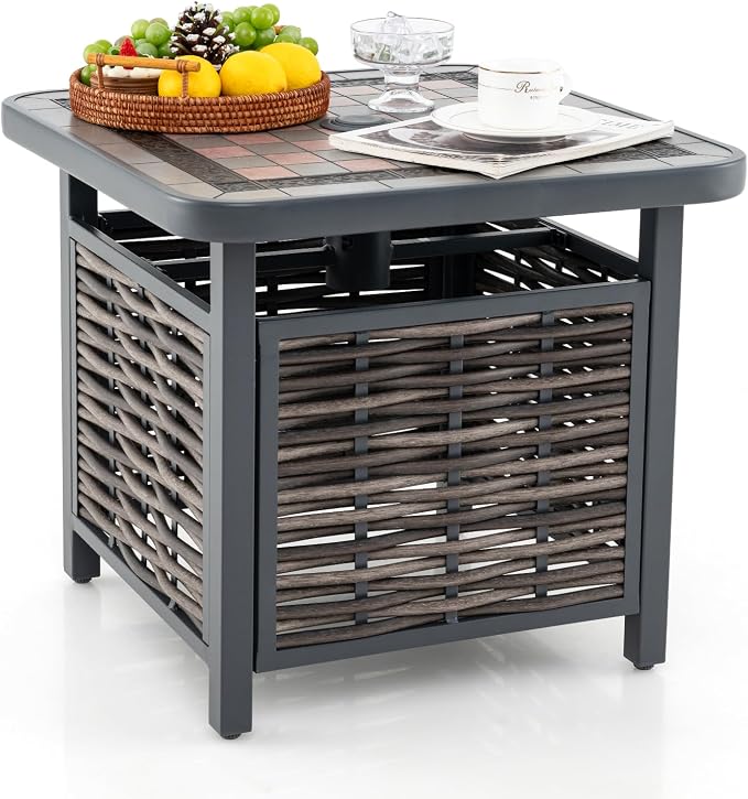 HAPPYGRILL Outdoor Wicker Side Table with Umbrella Hole, PE Rattan Square Coffee Table with Resin Top, Metal Frame, Small End Side Table for Garden, Yard, Poolside, Deck