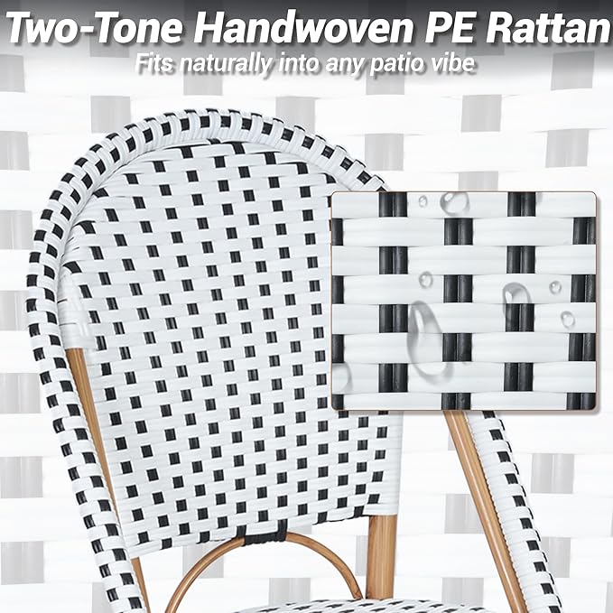 5-Piece Patio Dining Set, Outdoor French Country Bistro Table and Chairs, All-Weather Wicker Square Table & 4 Chairs w/Metal Frame, for Backyard Balcony, Black/White