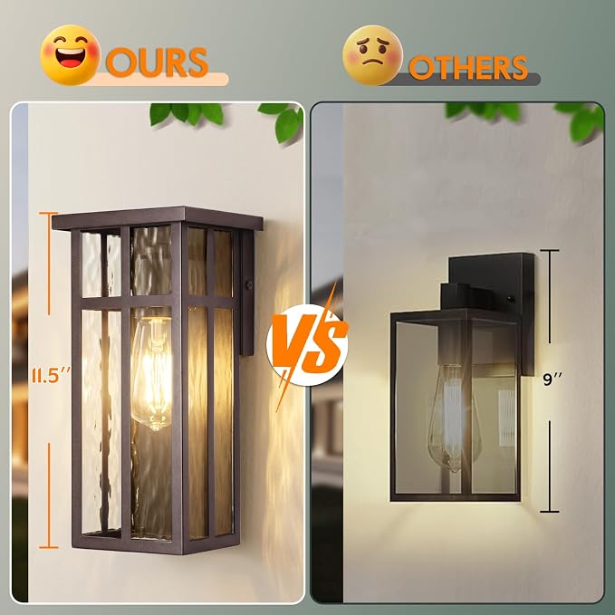 Outdoor Wall Light Fixtures, Modern Brown Porch Wall Lanterns | Waterproof Construction & Durable Metal, Rust-Resistant, Quick & Easy Installation, Ripple Glass Shades & Standard E26 Socket