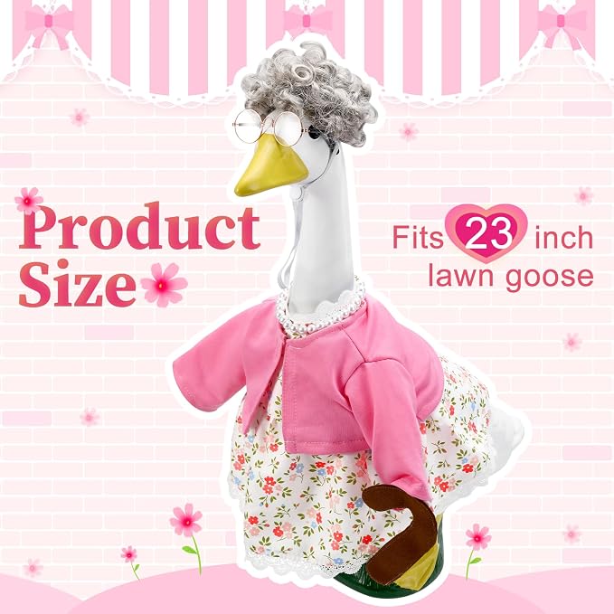1 Set Old Lady Porch Goose Outfit for 23 Inch Goose Statues | Includes Grandma Goose Clothes with Cane, Silver Wig, Glasses and Faux Pearl Necklace for Summer Yard and Garden Displays