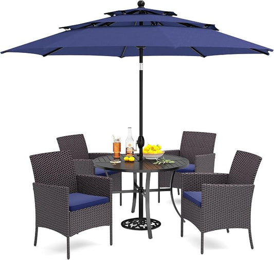 PHI VILLA 5pc Patio Dining Set with Umbrella, Round Table, Rattan Chairs | Outdoor Dining Set for 4, 42" Metal Table & 4 Cushioned Rattan Chairs with Blue Umbrella for Outdoor, Deck, Yard, Porch