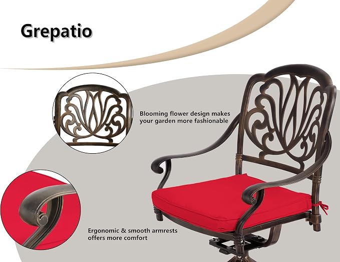 Grepatio 7 Piece Patio Dining Set Outdoor Dining Set Cast Aluminum Furniture Set with 6 Dining Swivel Chairs with 6 Cushions and Dining Table for Backyard Garden Deck Poolside (Red)