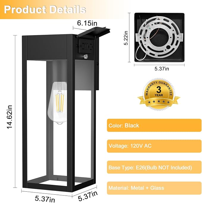 Large Porch Light with GFCI Outlet, 15 Inch Outdoor Light with Outlet Built-in, Waterproof Exterior Light Fixtures Wall Mount, Outside Lights for House Front Door Garage