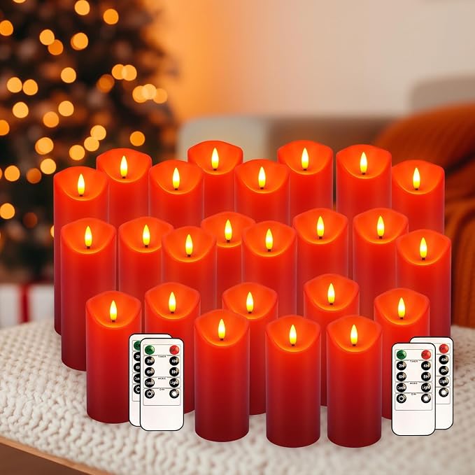 YOROXRG 24 Pack Christmas Decoration Flickering Flameless Candles,LED Candles Battery Operated Pillar Candles with Remote Control.for New Year, Home Decor, Parties,Wedding(D2.2 xH 5" 6" 7" Red)