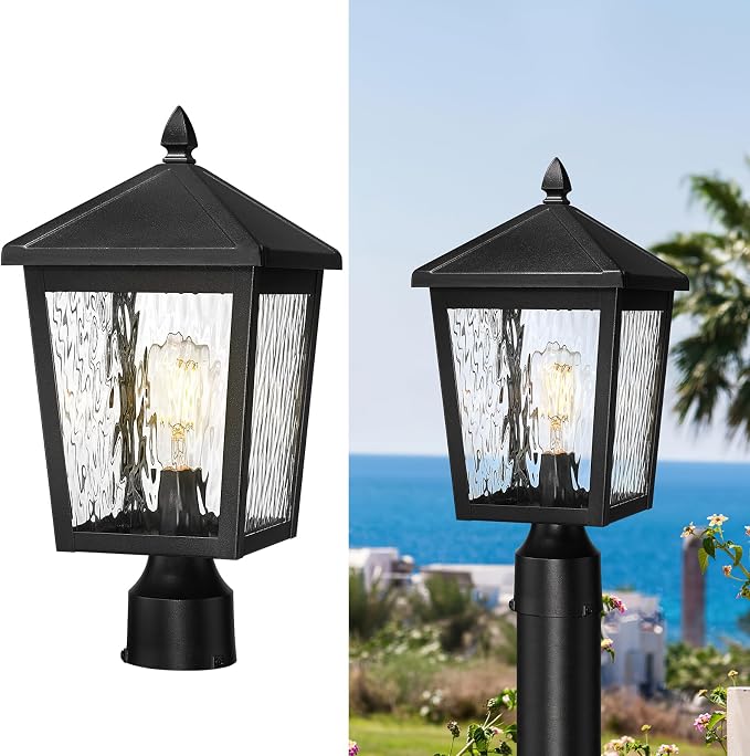 zeyu Large Lamp Post Light Fixture, 16.1 Inch Outdoor Post Lamps for House Garden, Die-Cast Aluminum with Water Ripple Glass, Black Finish, 20076P BK-WP