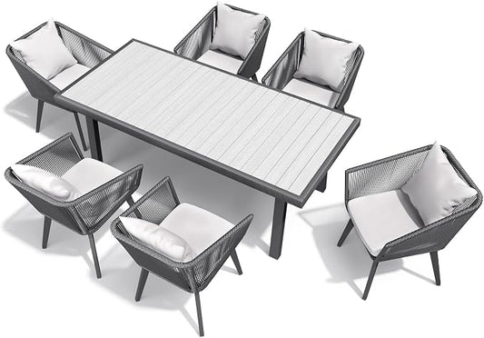 Astomi 7 Pieces Outdoor Patio Dining Set, Rattan Patio Furniture Table and Chairs for 6 with Cushion, for Backyard, Balcony, Garden (Dark Grey)