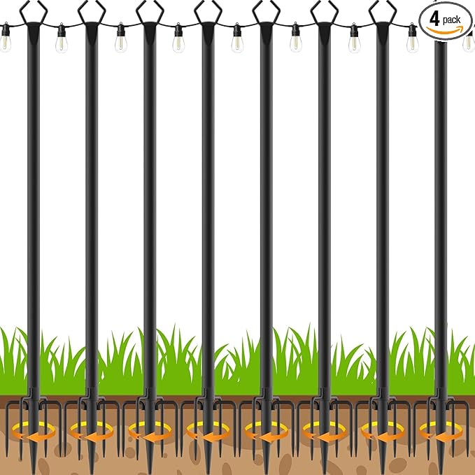 8 Pack 10 ft Heavy Duty Metal String Light Poles Adjustable Outdoor Lighting Stand for Patio,Backyard,Garden,Party & Wedding Rustproof & Sturdy with Hooks