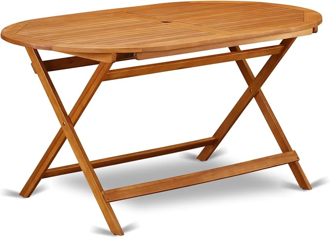 East West Furniture DIHD7CANA 7 Piece Patio Dining Set Includes an Oval Outdoor Acacia Wood Table and 6 Folding Arm Chairs, 36x60 Inch, Natural Oil