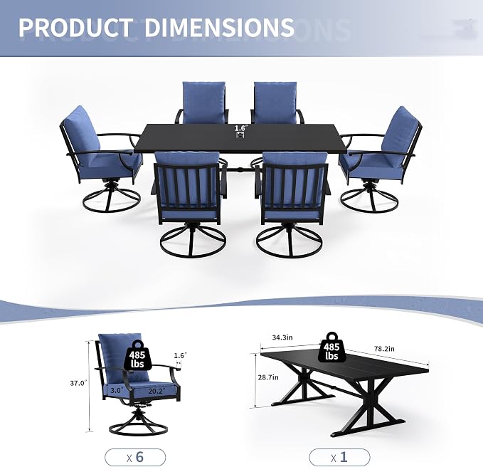 Kullavik 7 Pieces Outdoor Dining Set,Patio Dining Table and Chairs Set for 6,Fence Pattern Back Swivel Chairs with Thickened Cushions & X-Frame Metal Dining Table with Umbrella Hole for Patio,NavyBlue