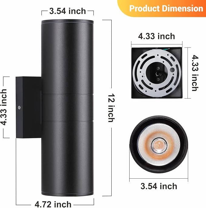 DAKAFUL Outdoor Wall Lights 4Pack, Integrated LED Cylinder Up Down Lights, 12W 2700K Aluminum Exterior Wall Light, Outdoor Light Fixture for Porch Patio Door.(Matte Black)