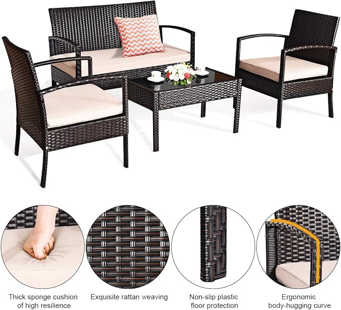 DORTALA 4 Piece Wicker Patio Furniture Set, Outdoor PE Rattan Conversation Set with Loveseat, Chairs & Coffee Table for Backyard Porch Garden Poolside Balcony