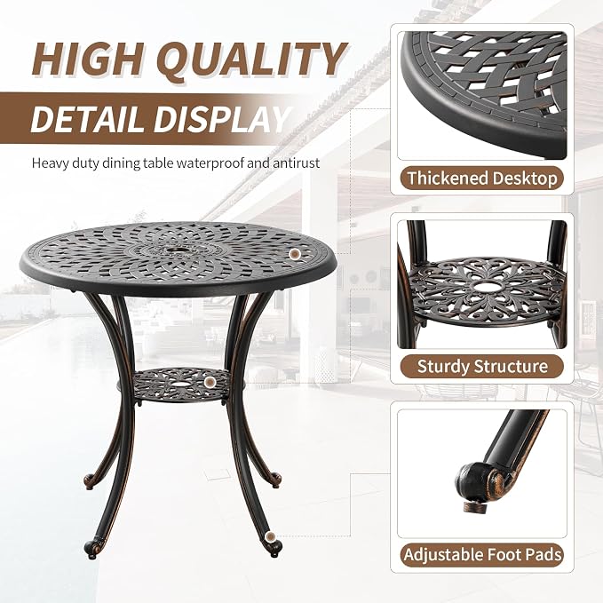 31inch Patio Bistro Table All Weather Patio Table with Umbrella Hole, Retro Cast Aluminum Bistro Table Round Metal Side Table, Bronze