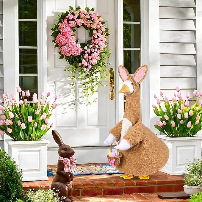 Easter Bunny Goose Outfit for 23" Porch Goose Holiday Brown Bunny Costume with Brown Basket Easter Party Outdoor Garden Patio Yard Lawn Art Decoration