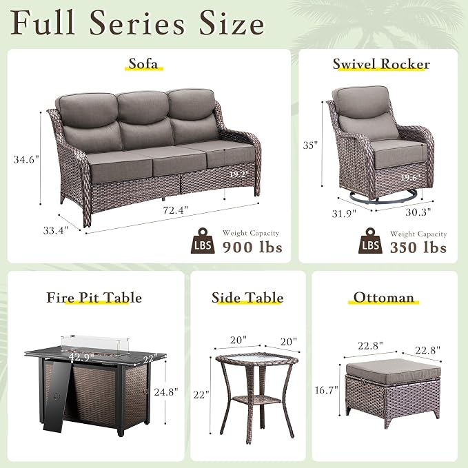 Luxury High Back Outdoor Furniture with 6-inch Extra Thick Cushions, Patio Furniture Set with Fire Pit Table & Swivel Chairs, 4 PCS Wicker Conversation Set for Yard, Deck, Poolside, Brown/Grey