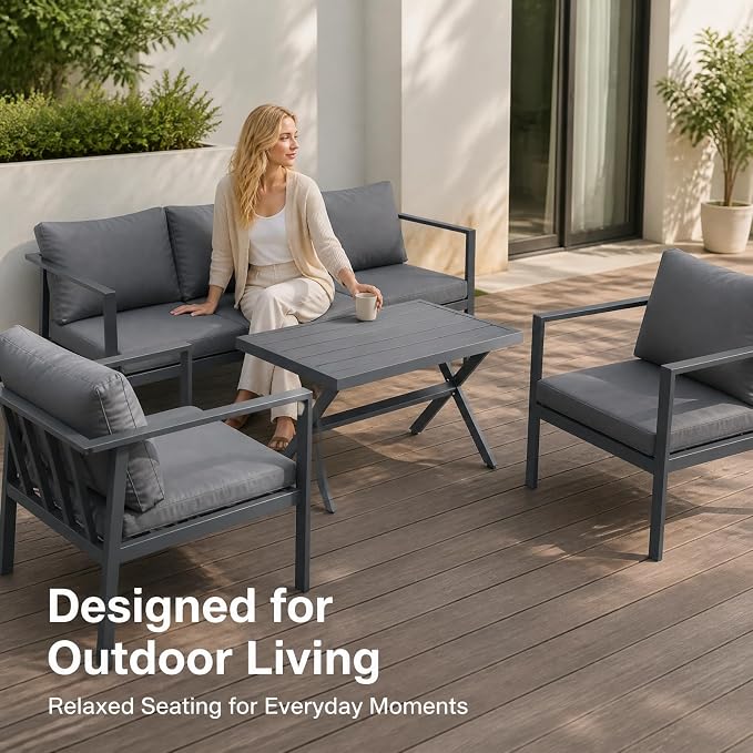 Aluminum Patio Sectional Furniture Set,4 Piece Patio Conversation Sets Outdoor Patio Furniture Set Sofa with Coffee Table & Washable Cushions Grey