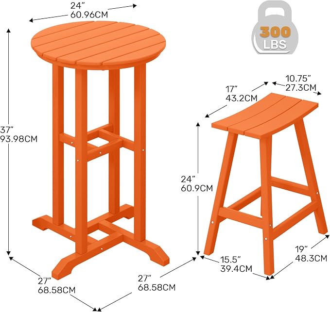 Costaelm Outdoor Bar Table, 37" Counter Height Round Patio Cocktail Bar Table, Patio Bar Table 3-Pieces Set Bistro Dining Table Pub Table for Deck, Backyard, Garden, Orange