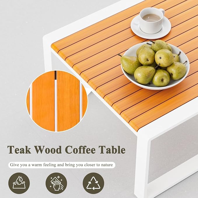 Patio Furniture Set, Aluminum Outdoor Couch L Shaped Patio Sofa Set, All-Weather Modern Patio Couch Sofa and Teak Desktop Aluminum Table for Patio, Porch, Backyard (White Frame/Dark Grey Cushion)