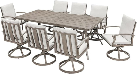 9-Piece Patio Dining Set for 8, Never Rusts Aluminum Outdoor Swivel Dining Set with Cushions, Outdoor Dining Set, Patio Table and Chairs Furniture Sets for Deck, Garden Yard, Limed Oak