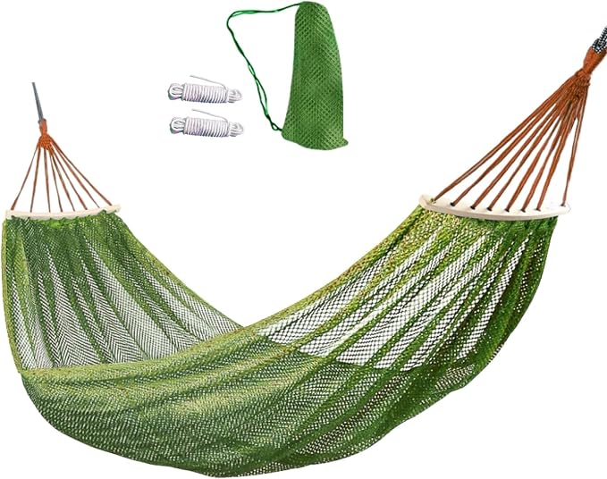 Wooden Bar Portable Camping Hammock, Cool Ice Silk Mesh Hammocks with Tree Straps Carry Bag, Single Hanging Sturdy Hammock for Travel Patio Garden. Up to 550lbs. Dark Green