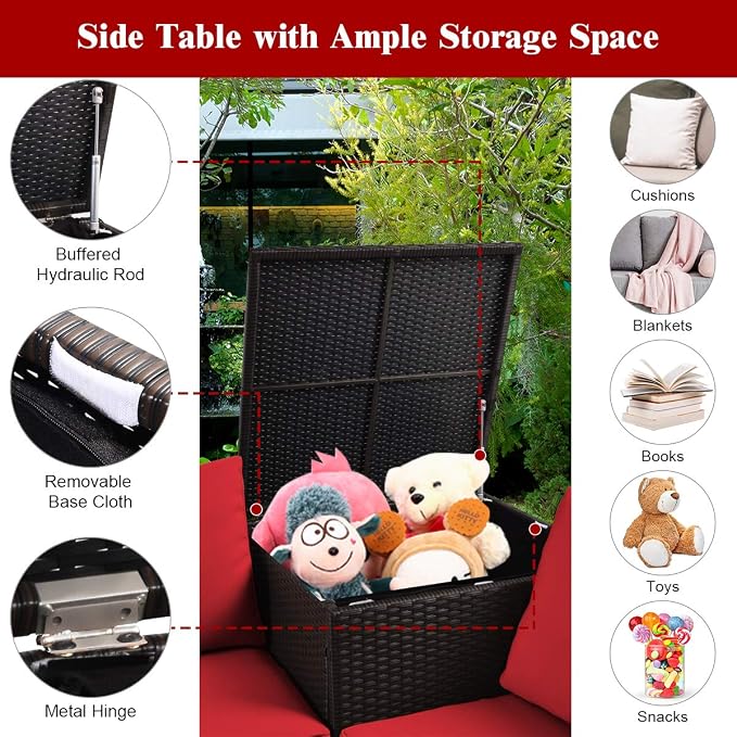 Tangkula 4 Piece Wicker Patio Set with Storage, All Weather-Proof Outdoor Conversation Set, with Loveseat, Glass Top Coffee Table & Storage Box, Suitable for Garden, Poolside, Sunroom (1, Red)