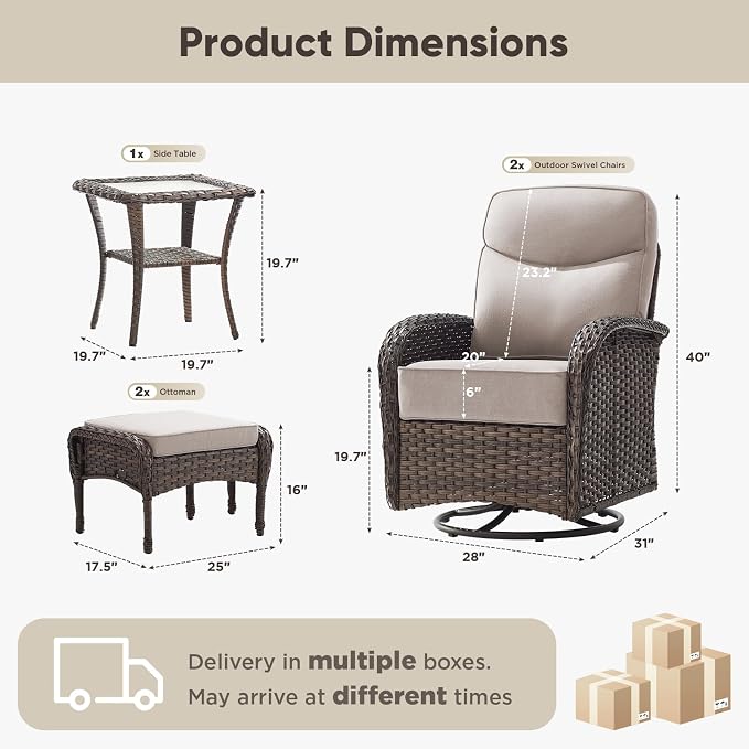 HUMMUH Outdoor Swivel Rocker Patio Chairs with Ottomans,Luxury 6-inch Thick Cushion High Back Patio Furniture Set,5PCS Wicker Conversation Set for Deck Yard and Poolside