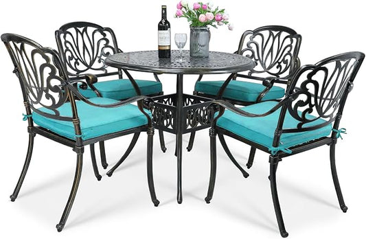 VIVIJASON 5-Piece Outdoor Patio Dining Set, All-Weather Cast Aluminum Conversation Set, Patio Furniture Set Include 4 Cushioned Chairs, a 35.4 inch Round Table w/Umbrella Hole, Ocean Blue Cushion