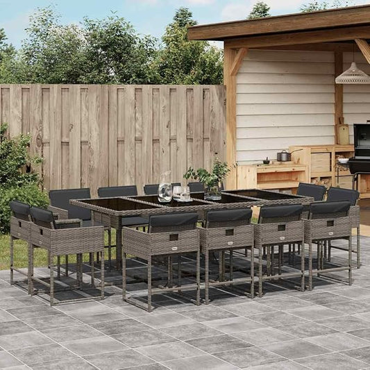 13 Piece Patio Dining Set with Cushions Gray Poly Rattan Outdoor Furniture Table and Chairs for Garden Backyard Balcony UV Proof Folding Storage Removable Washable Covers Tempered Glass Top