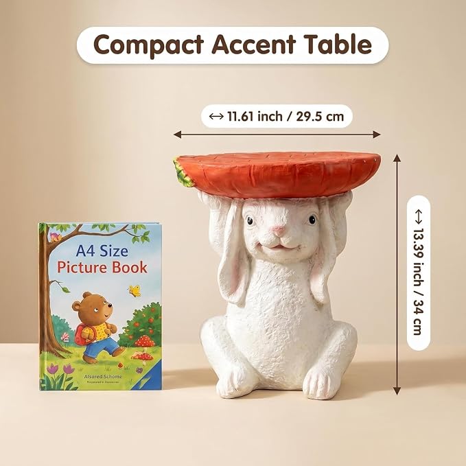 13.4 Inch Tall Bunny Side Table Garden Decor | Outdoor Resin Rabbit Statue, Plant Stand, Whimsical Carrot Tray End Table, For Kids Nursery Room Patio Yard