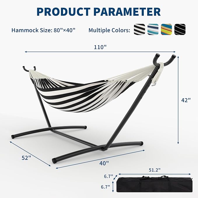 Hammock with Stand for Outside，450 lb Weight Capacity Double Hammock，Heavy Duty Steel Frame，Premium Carry Bag, Portable Hammock for Indoor, Patio, Beach - Black