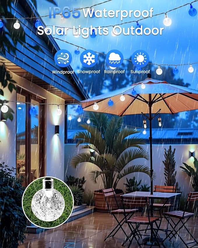 Solar String Lights Outdoor Waterproof 2 Pack 100 LED 64FT Patio Lights | Blue and White Crystal Globe, 8 Lighting Modes, Auto On/Off, Solar Powered Light for Outside Yard Wedding Party Decorations