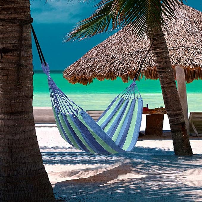 Camping Hammock,Portable Garden Hammock,Extra Long and Wide Brazilian Hammock Canvas Cotton Hammock with Carrying Bag for Patio Yard & Backyard &Porch & Outdoor/Indoor (Blue & Green Strip)