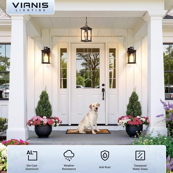 VIANIS Motion Sensor Outside Lights for House, Oil-Rubbed Bronze Porch Lights Outdoor with Tempered Ripple Glass, Aluminum Waterproof Outdoor Light Fixtures Wall Mount for Garage, Garden, Entrance