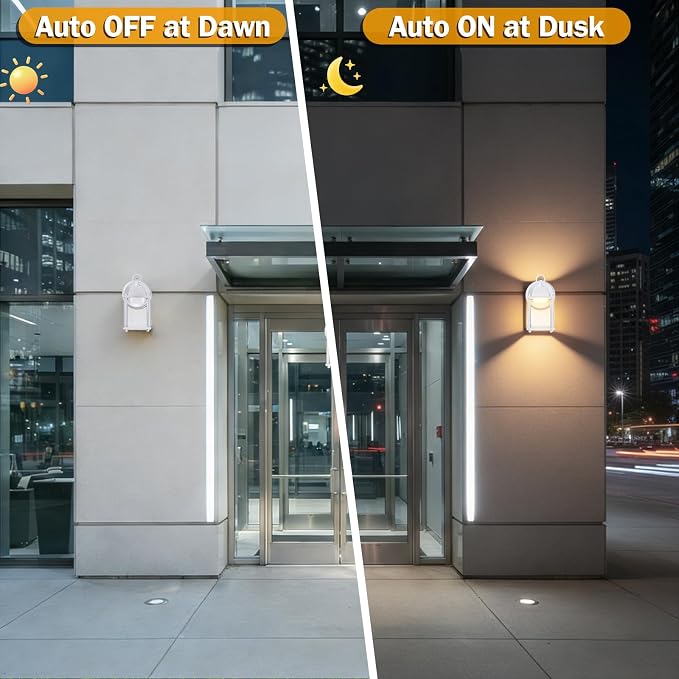 Outdoor Wall Light Fixture Dusk to Dawn, Rustproof Aluminum, LED | Exterior Porch Light Wall Sconce Lantern for House, Patio, Garage, Waterproof, Glass, 9.5W 800 Lumen, 3000K, White, 2 Pack
