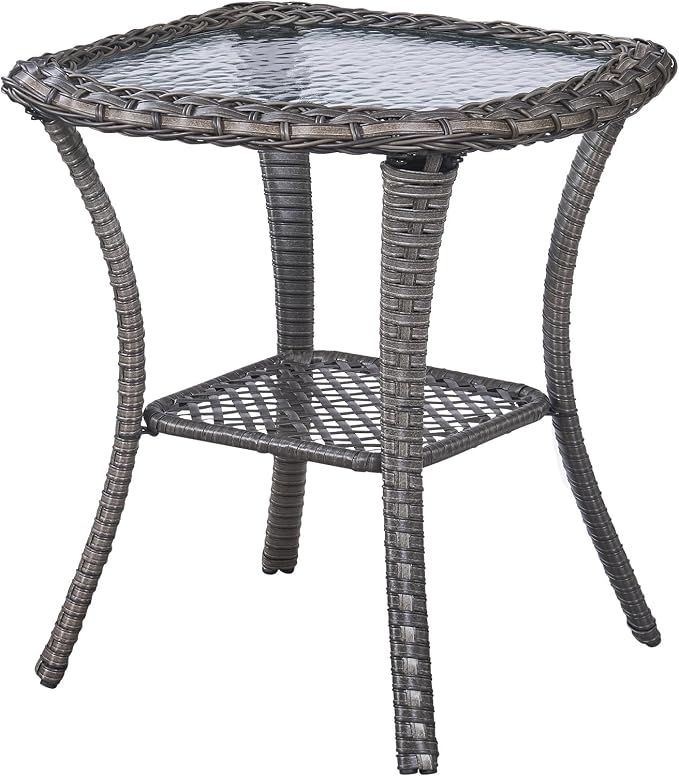 Small Outdoor Side Table - 50 LBS Weight Capacity Wicker Side Table with Storage, Tempered Glass Top Patio Side Table for Porch Balcony Deck Garden - Grey