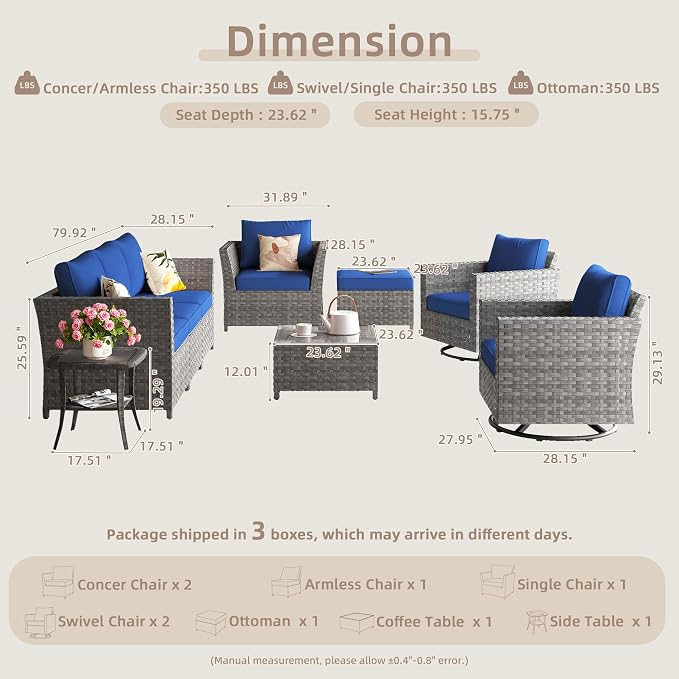 CAODOC Fully Assembled & Spacious 9-Pc Outdoor Sofa Set, Patio Rattan Conversation Group with Rocking Chair and Tea Table