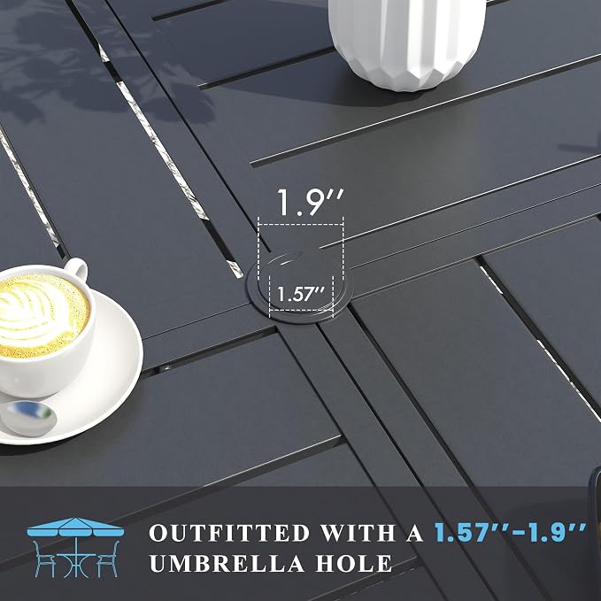VICLLAX 63" Round Patio Table with Umbrella Hole, All Weather Metal Outdoor Dining Table for 8-10, Outside Table for Lawn Garden, Black