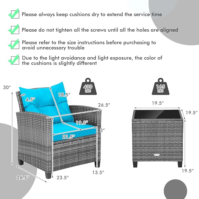 Tangkula 3 Pieces Patio Furniture Set, Outdoor PE Rattan Conversation Chair Set with Tempered Glass Side Table and Removable Cushions, PE Wicker Chairs and Table Set for Porch, Balcony and Garden