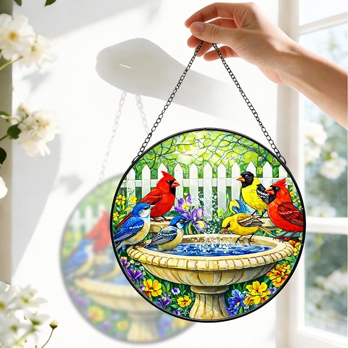Stained Glass Window Hanging - Colorful Garden Birds Suncatcher for Windows Doors Home Decor, Cardinal Birds Flowers Sun Catcher Gift for Bird Lovers Women Christmas Mother's Day Birthday 7.8 in