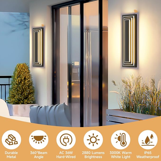 Dusk to Dawn LED Long Outdoor Wall Light Fixtures,23.6 in,36W | 3-Tier Black Modern Outdoor Lighting For House,Front Porch,Waterproof Outside Garage Light,3000K Warm White, 1 Pack