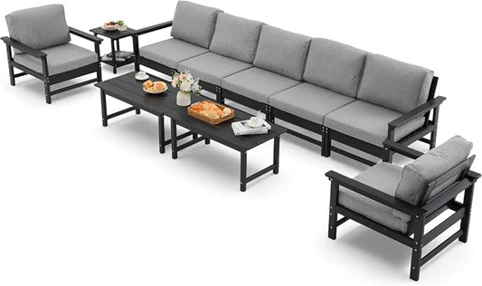 HDPE Outdoor Patio Furniture Set, 10-Piece Sofa Set with 5-Seat Couch, 2 Armchairs,Side Table & 2 Coffee Tables, Weatherproof Conversation Set with Cushions,for Garden, Porch & Backyard