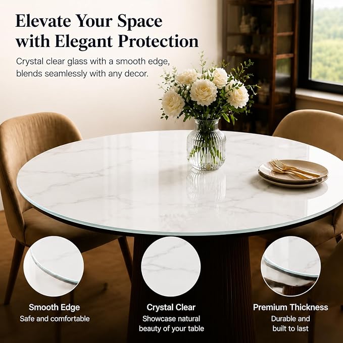 32" Round Tempered Glass Table Top, 5/16" (8mm) Thick, Marble Pattern Replacement, Heavy-Duty, Heat & Scratch Resistant for Coffee, Dining & Patio Tables, White