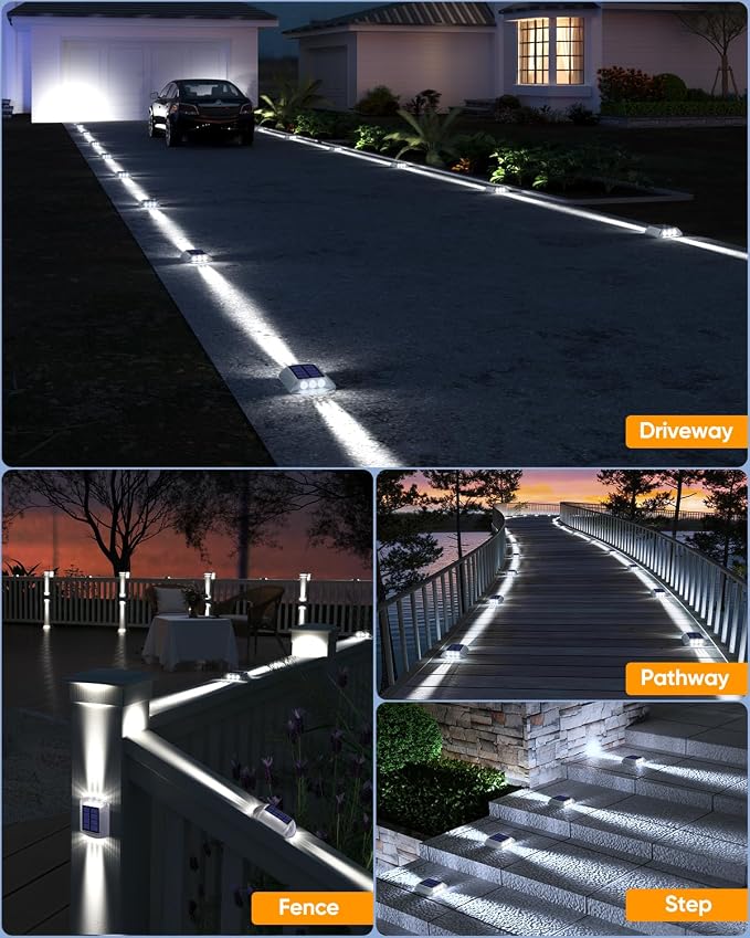 DetarZinLED Solar Driveway Lights Outdoor IP68 Waterproof Led 12 Pack White | Sturdy PC Shell, Stick on & Screw Mount, Markers Light for Outside Deck, Driveway, Step, Walkway, Patio, Pathway, Stair, pool