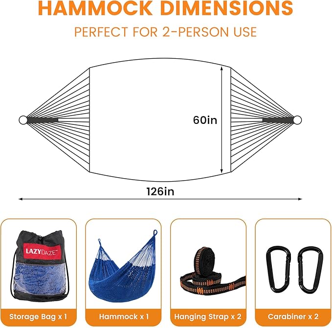 Lazy Daze Hammocks Handwoven XL Mayan Hammock, 10.5 FT Soft Rope Double Hammocks, Portable Outdoor Hammock with Carry Bag, 2 Straps & Carabiners for Patio Outside, 550 lbs Weight Capacity, Blue