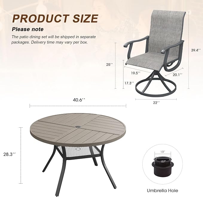 VICLLAX Patio 5 Pieces Outdoor Dining Set, 40.6" Round Metal Table with Umbrella Hole and Storage Shelf, 4 Swivel Textilene Chairs for Lawn, Garden, Porch, Grey