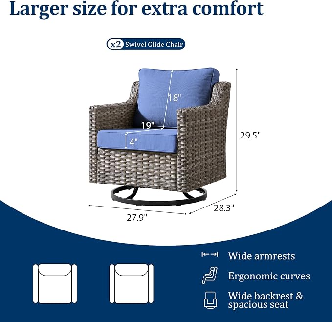 Luxury Patio Furniture Chairs Set - 2 Pieces All Weather Wicker Outdoor Couch and High Back Swivel Rocker Patio Chairs for Deck Yard and Poolside Gray Wicker | Blue Cushions