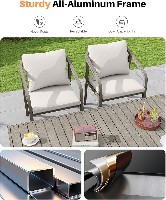 7-Piece Patio Dining Set, Never-Rust Aluminum Outdoor Dining Set for 6, Patio Table and Chairs Set with Washable Cushions, Outdoor Furniture Set for Courtyard, Deck, Commercial, Gray Oak