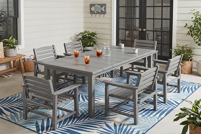 Perli™ 7-Piece Outdoor Dining Set, All-Weather HDPE Patio Furniture with 6 Ergonomic Chairs & Large Table, Built-in Umbrella Hole, UV-Resistant Set for Backyard, Deck, Poolside, Grey