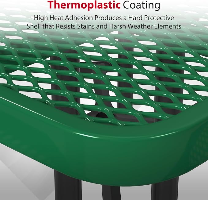 Leisure Craft Metal Picnic Table with Bench - 46" Square Outdoor Dining Table for 8 with Umbrella Hole, Weatherproof Heavy Duty Thermoplastic Coating, Commercial Grade Furniture Made in USA - Green